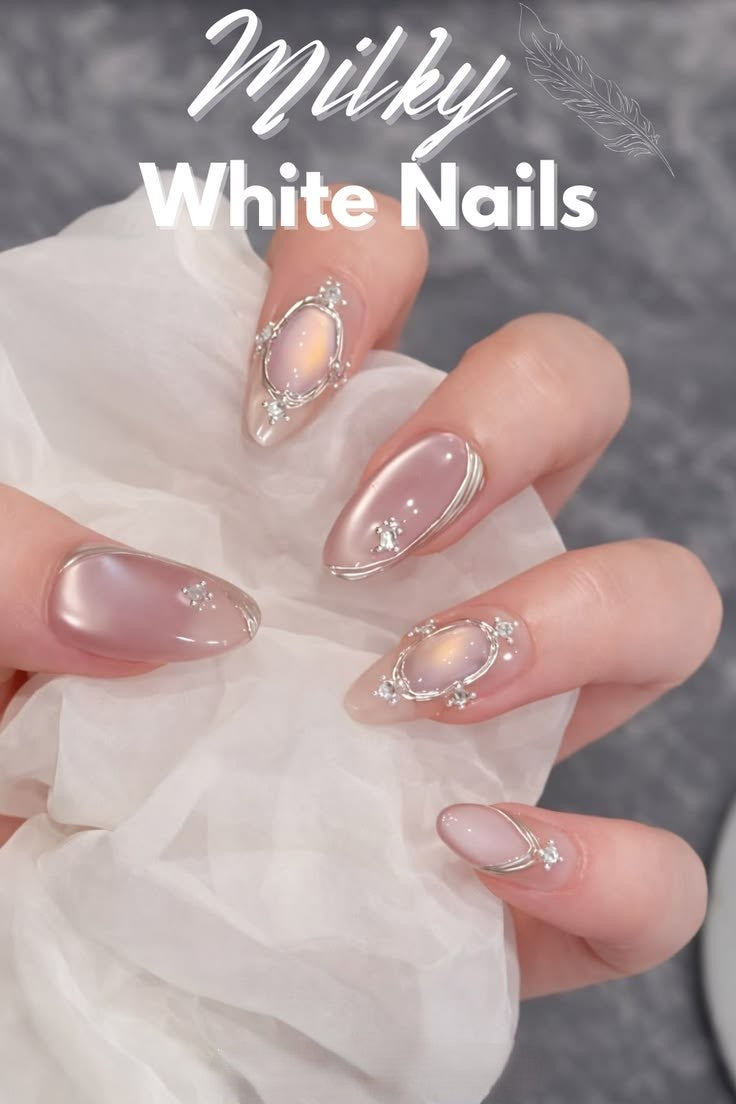 Milky Pink Cat Eye Glass Nails With Silver Chrome