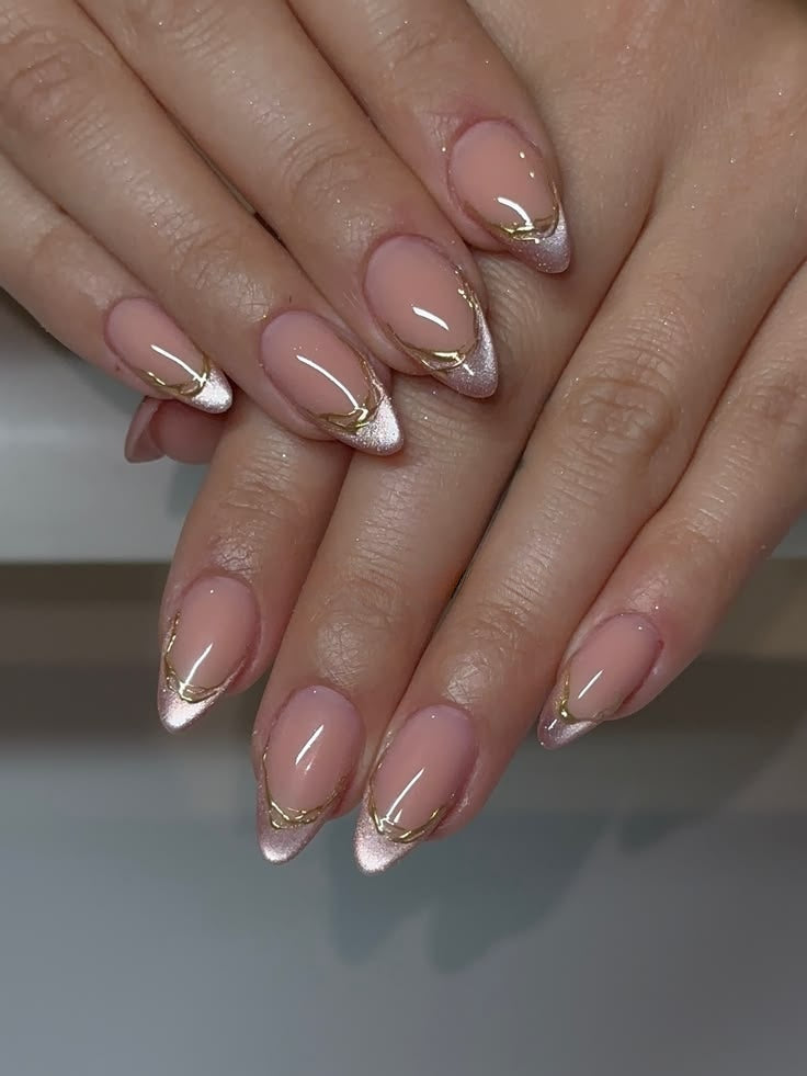 Pink Cat Eye Gold Chrome Nails