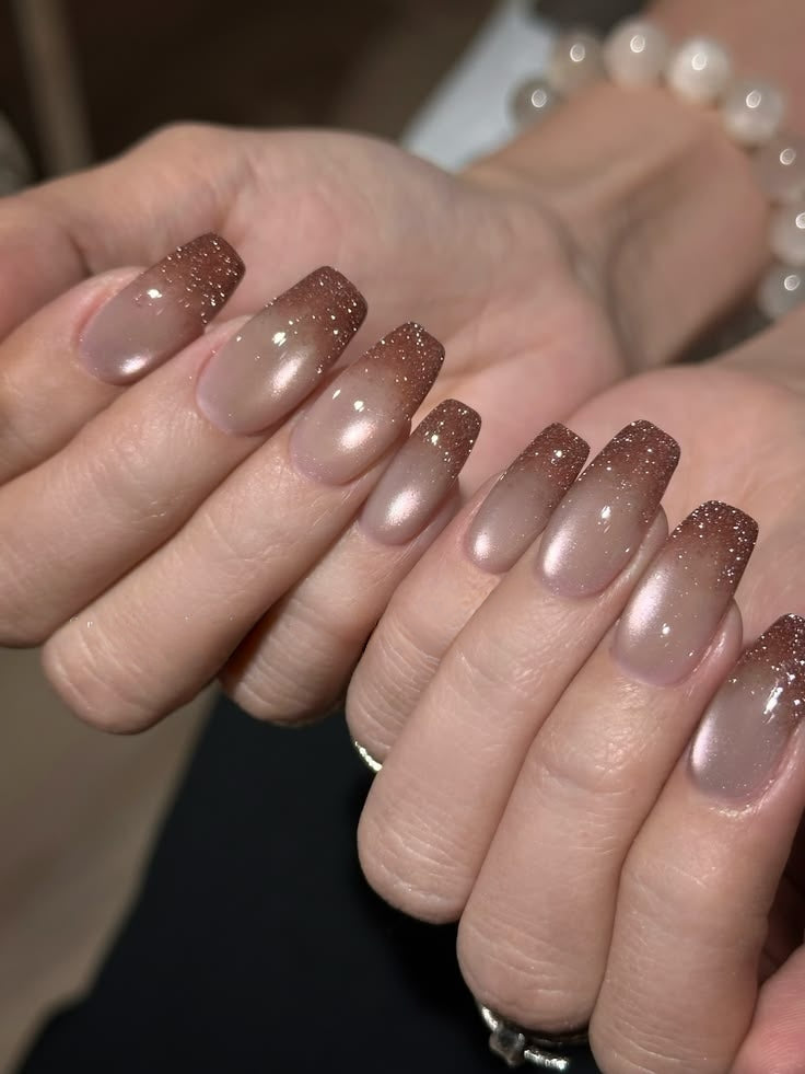 Nude Gold Cat Eye With Brown Ombre Tips With Glitter